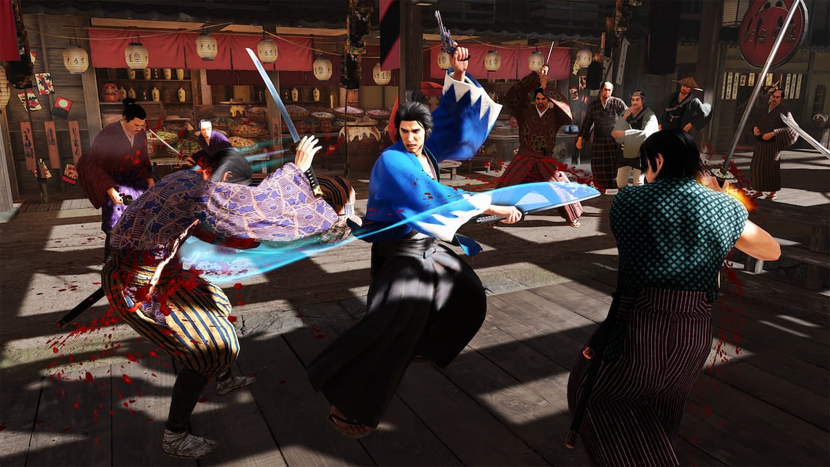 samouraï en robe bleue entouré d'ennemis