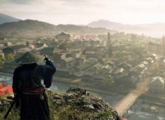 rise of the ronin player enjoying a summer landscape valley with a city and mountains in the distance