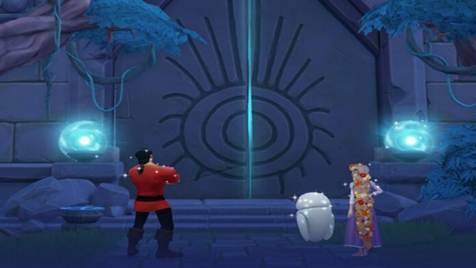 Jafar, EVE. and Rapunzel looking at seal ancient door