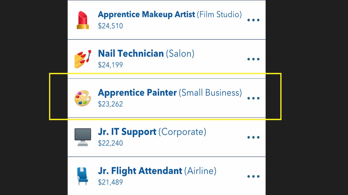 Un poste d'apprenti peintre vacant dans le menu BitLife Job