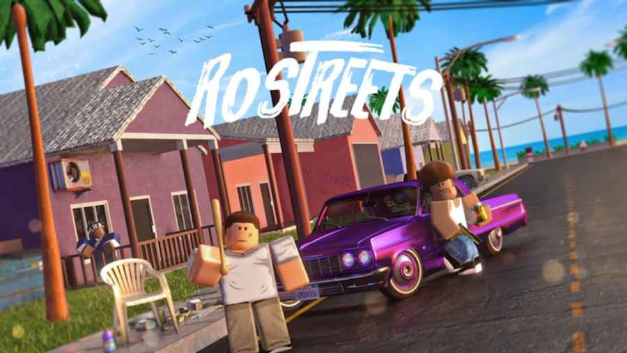 Personnages Roblox RoStreet debout devant une voiture violette