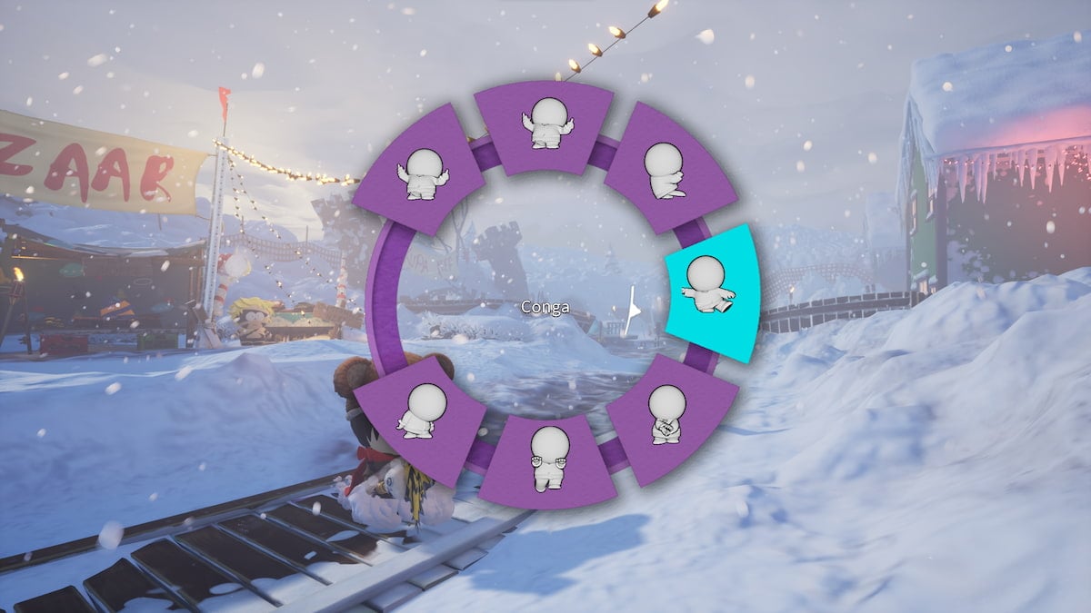 Menu de la roue d'émotes South Park Snow Day avec les émoticônes disponibles remplissant les emplacements en cercle