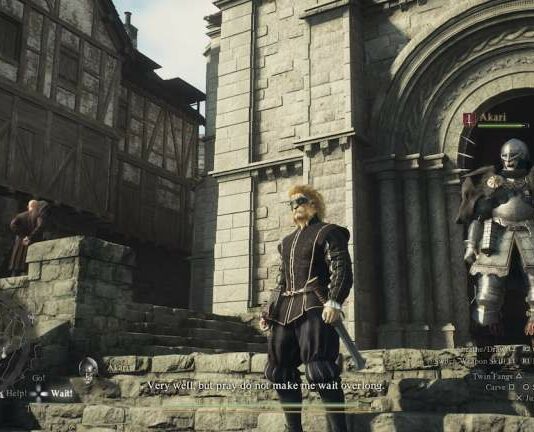 pawn in heavy armor standing next to the arisen in the city square