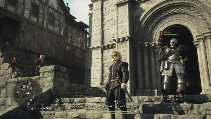 pawn in heavy armor standing next to the arisen in the city square