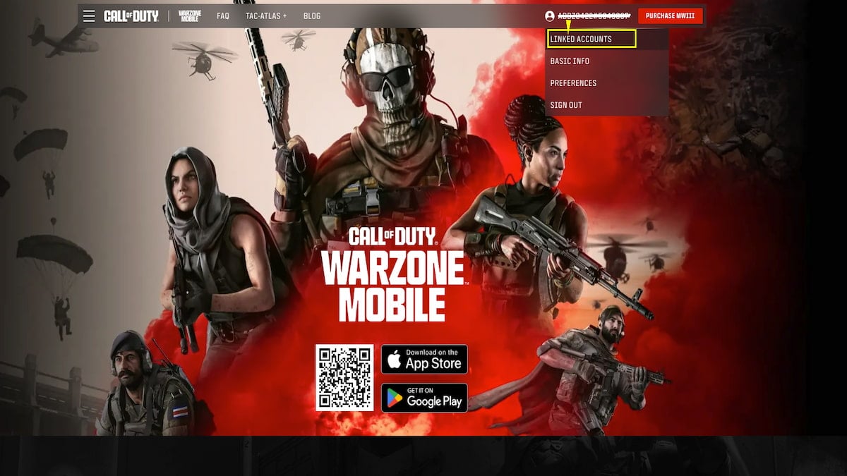 Site officiel de Call of Duty, page Warzone Mobile.  Nom du profil dans le coin supérieur droit avec un menu déroulant ouvert en dessous.  Les comptes liés sont entourés en jaune