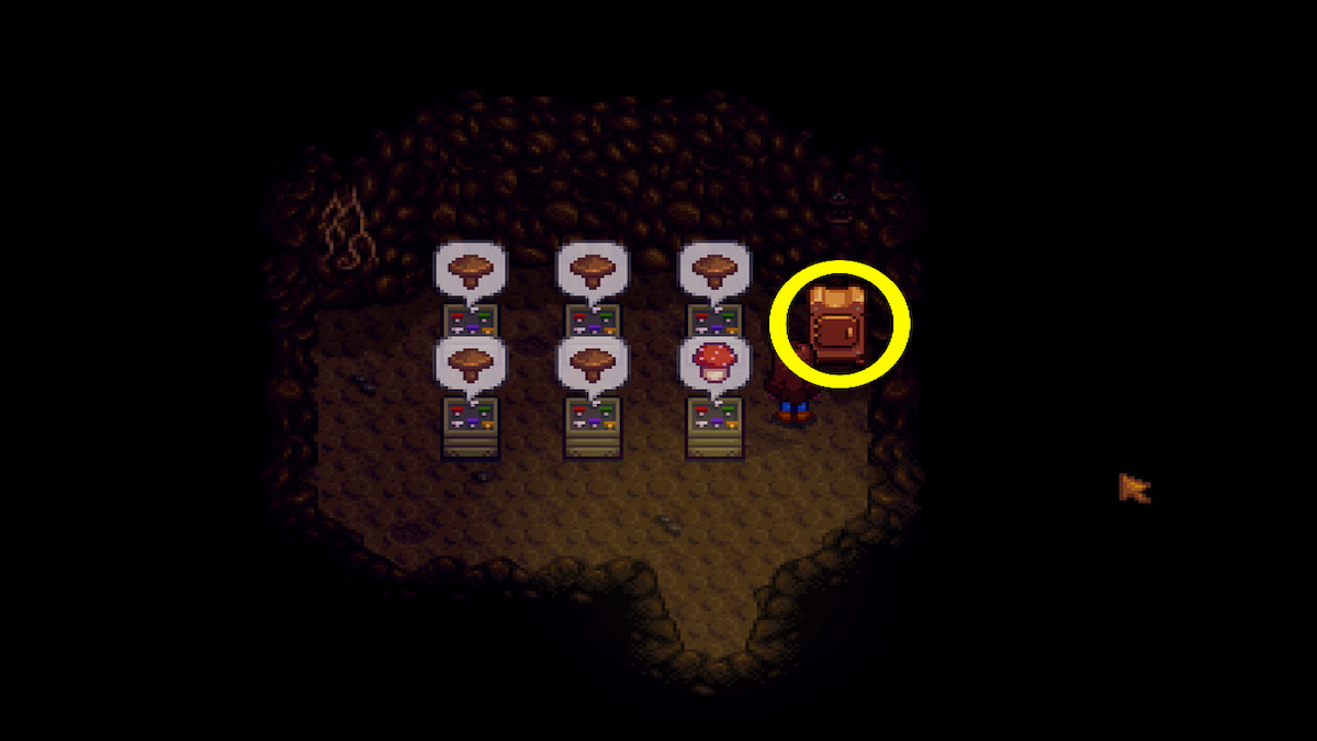 Grotte aux champignons avec des boîtes de champignons cultivés et un déshydrateur dans le coin supérieur droit entouré en jaune