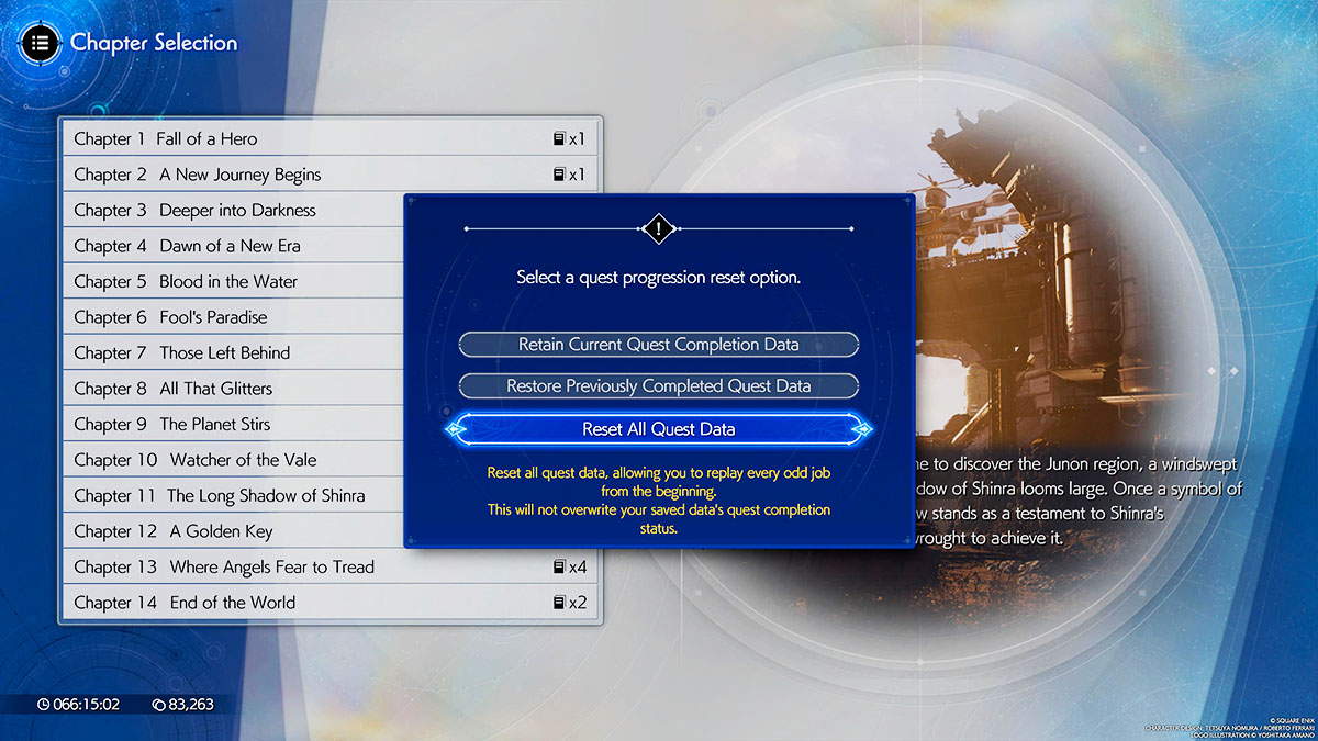 L'écran de sélection de chapitre avec l'option de réinitialisation dans Final Fantasy 7 Rebirth