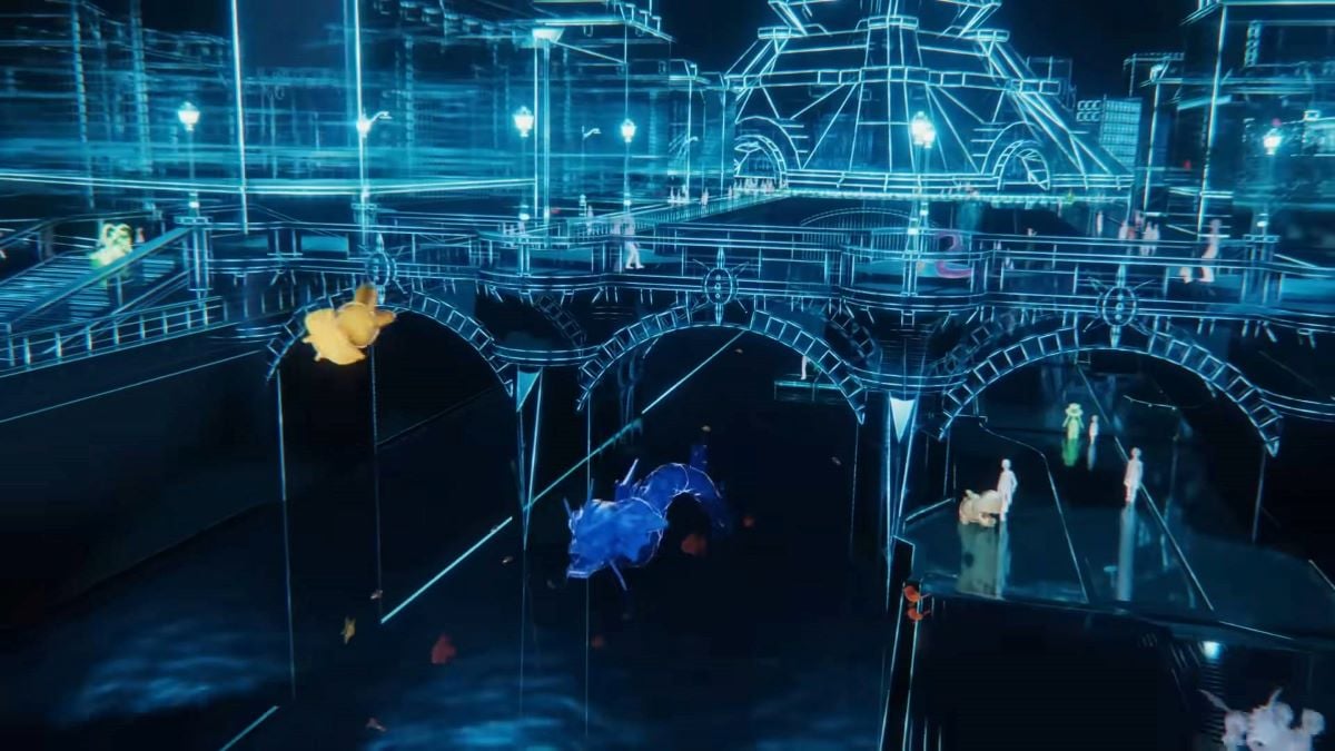 Pokémon et entraîneurs se rassemblent près d'une voie navigable dans Lumiose City of Pokemon Legends ZA