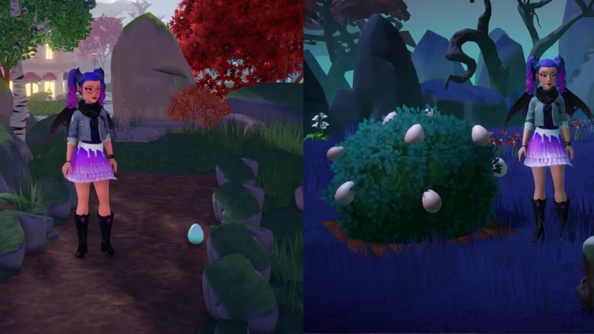 Deux images d'un joueur ramassant des œufs sur le sol et des œufs dans la brousse