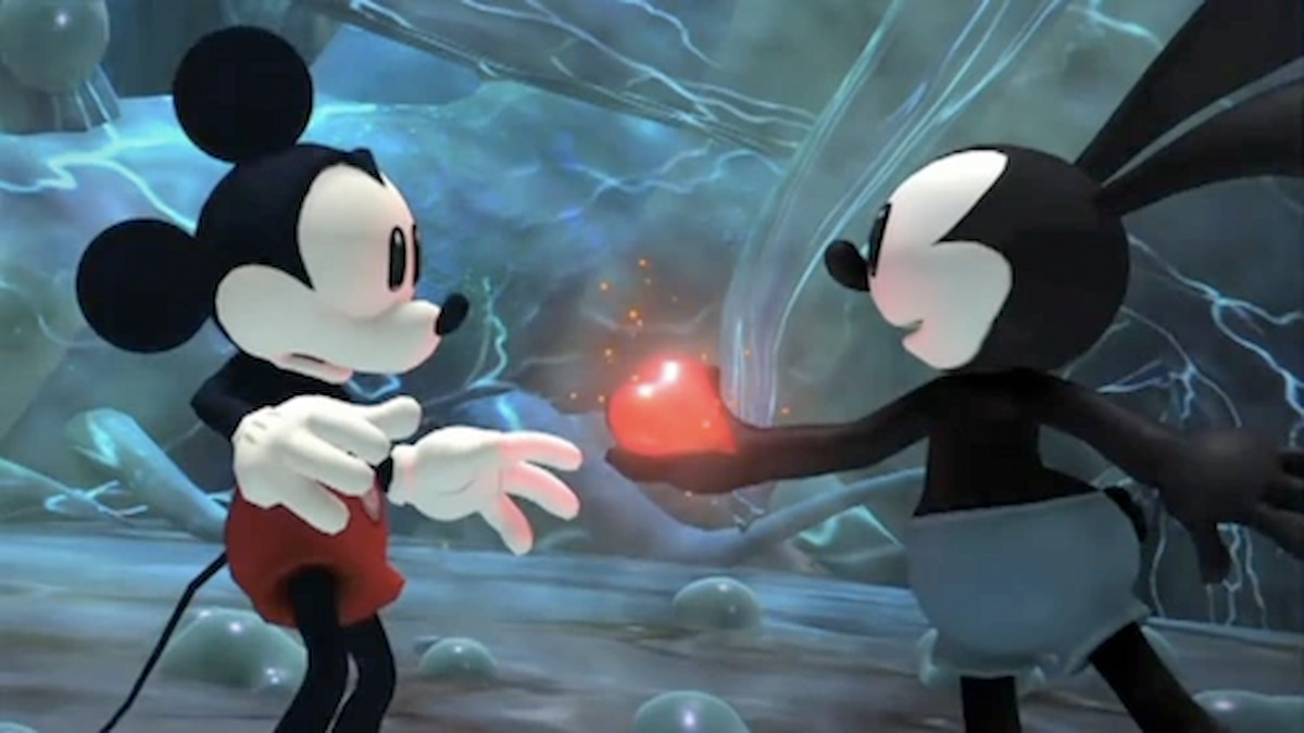 Oswald le lapin tend un cœur rouge brillant à Mickey