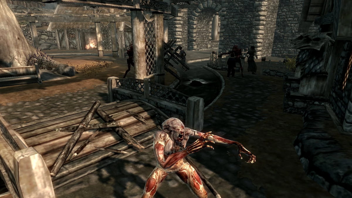 Le joueur se transforme en créature zombie et d'autres zombies en arrière-plan dépassant Whiterun
