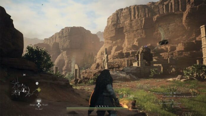 the arisen exploring the deserts of batthal while a harpy circles them and a stone golem is visible in the distance