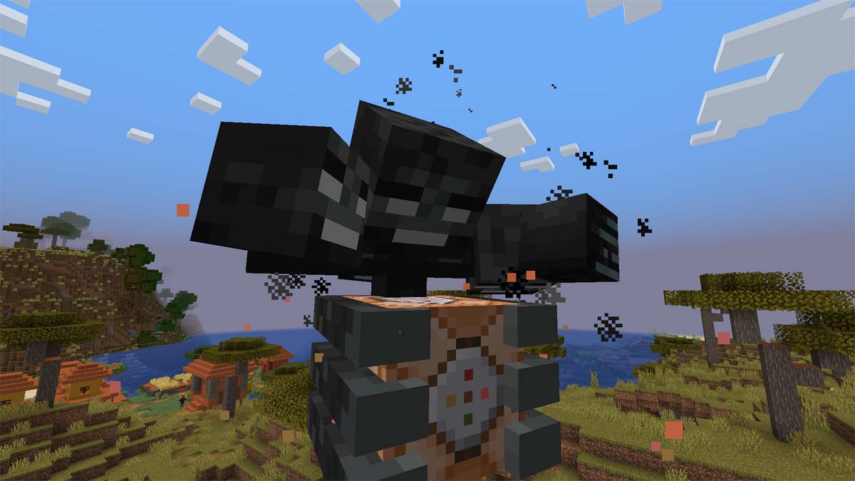 Un personnage géant de Minecraft survole un coffre à butin