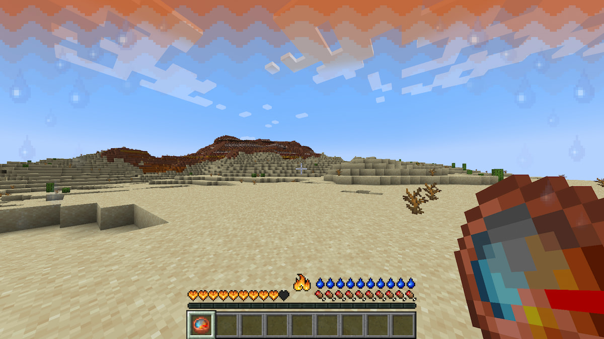 joueur minecraft courant à travers le désert par forte chaleur