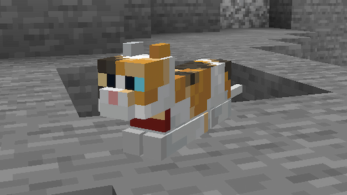 Un chat Minecraft utilisant une nouvelle position assise du mod Cat Loaf.