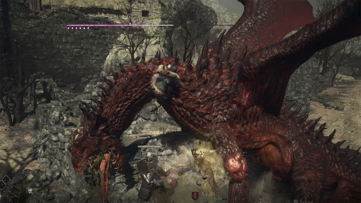 Dragons Dogma 2 : un joueur s'accrochant au cou d'un dragon rouge et le poignardant