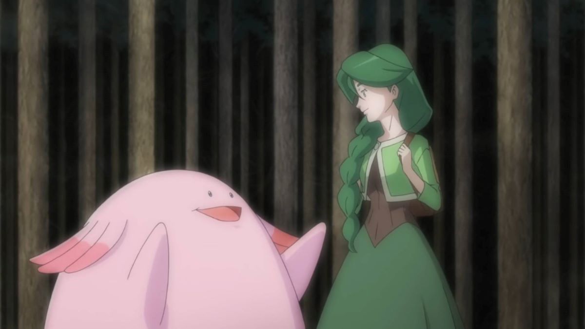 Cheryl et Chansey dans la forêt d'Eterna dans l'anime Pokémon