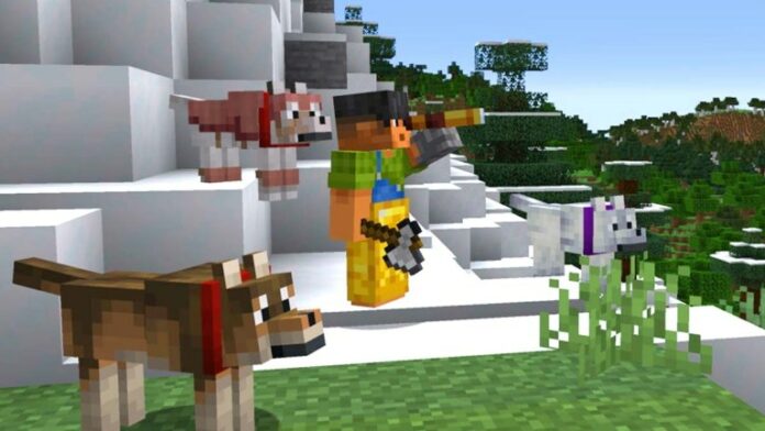 Steve stands with a pack on wolves in Minecraft
