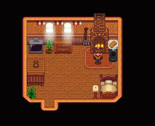 Player standing in meadowlands farm house next to heavy furnace, holding copper ore and five copper bars ready to collect from furnace