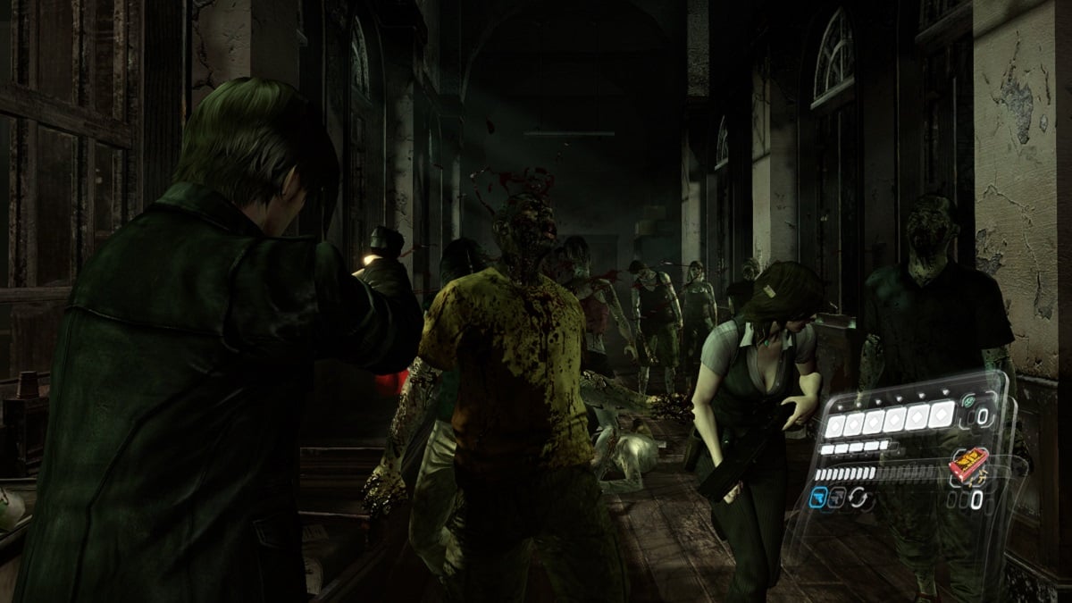 Léon et Helena combattent une horde de zombies dans un couloir