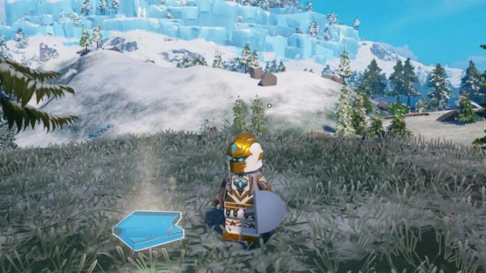 Player standing next to glass on the ground with snowy landscape in the background