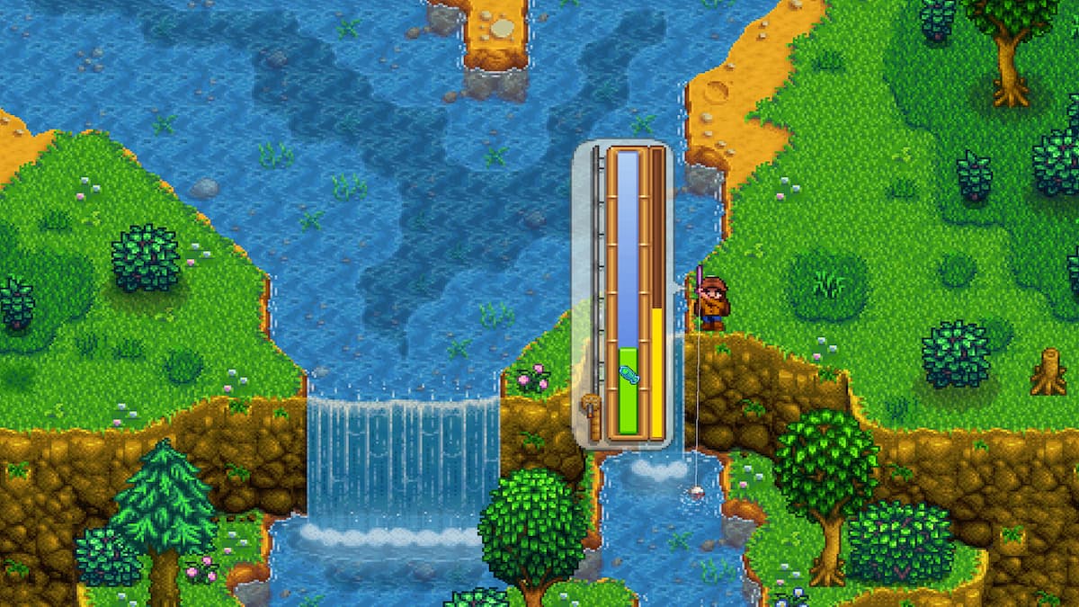 Joueur pêchant dans le bassin droit de la double cascade avec un compteur de pêche affiché à l'écran