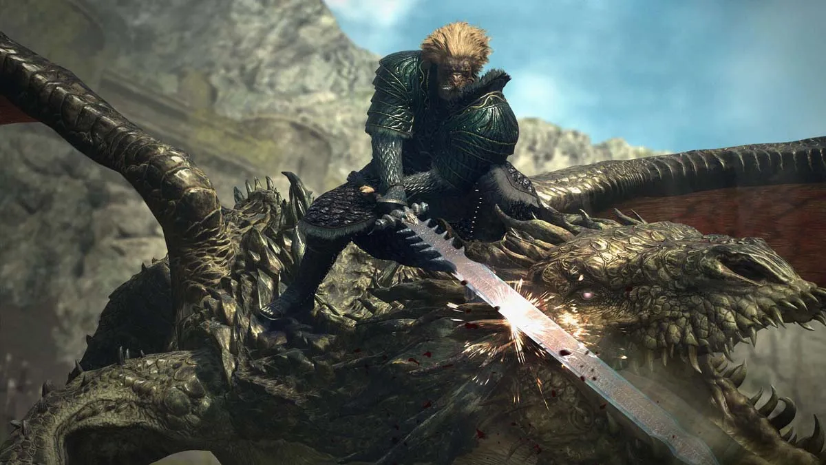 Warfarer frappe un dragon avec une épée dans Dragons' Dogma 2