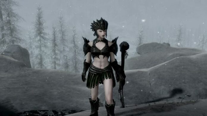 Character wearing Dark Seducer armor in snowy landscape