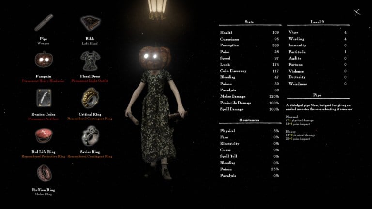 Character screen in Withering Rooms