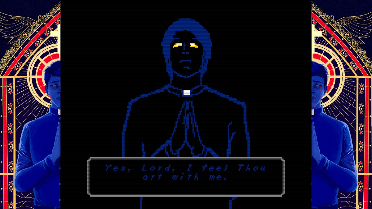 Un prêtre pixelisé priant dans Faith : The Unholy Trinity 