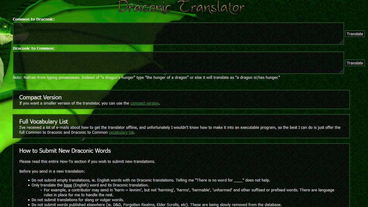 Page principale du traducteur draconique en ligne pour Skyrim