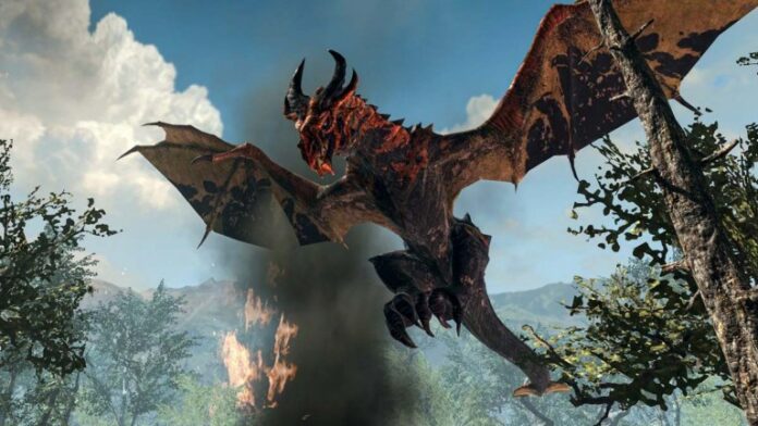 Dragon spewing fire flames from the sky in Skyrim