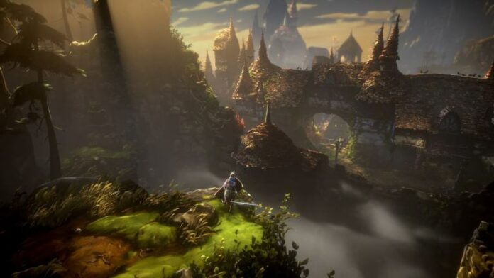 no rest for the wicked landscape with the player character standing on a hill overlooking a castle