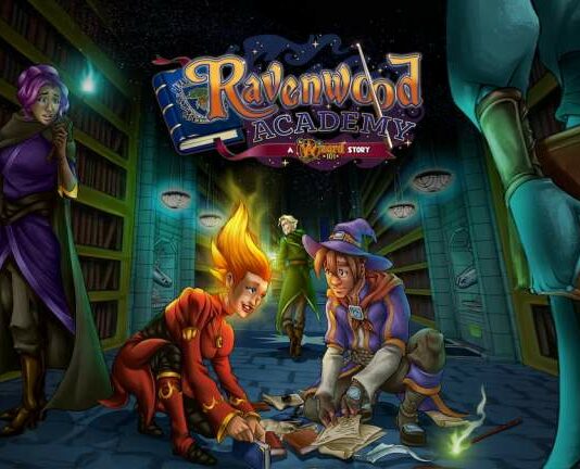 Official cover art for Ravenwood Academy, wizard kneeling beside Falmea picking up books, other wizards around them