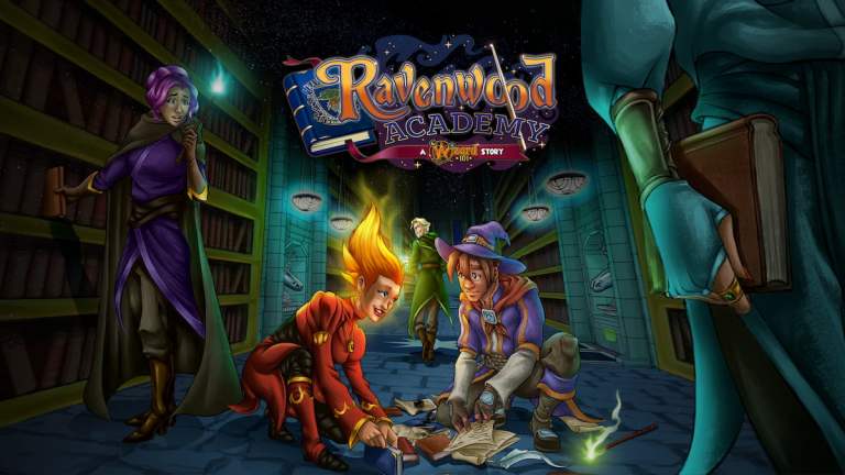 Official cover art for Ravenwood Academy, wizard kneeling beside Falmea picking up books, other wizards around them