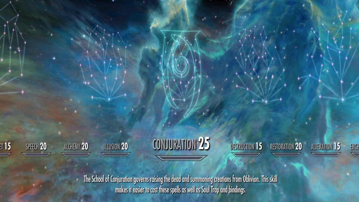 Menu de compétences centré sur la constellation d'étoiles de l'arbre de compétences de Conjuration