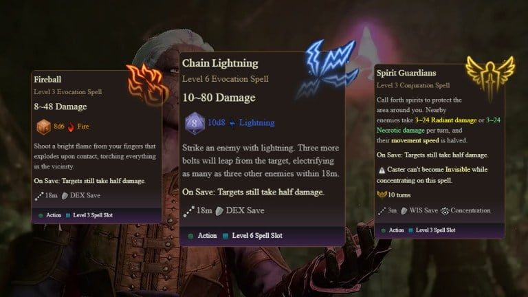 fireball, chain lightning, and spirit guardians spell descriptions in baldurs gate 3