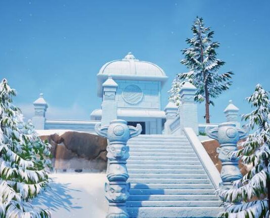 Water shrine with icy landscape around it