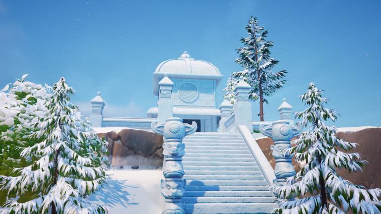 Water shrine with icy landscape around it