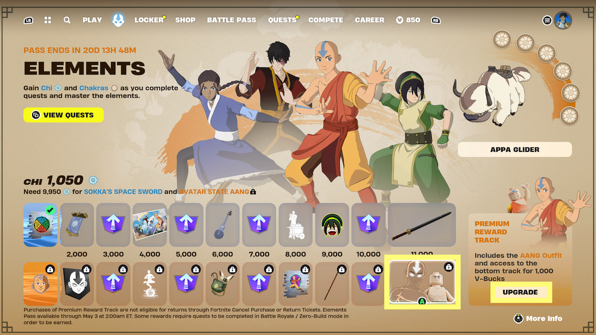 Page de pass d'événement avec toutes les récompenses d'avatar et le style Avatar State Aang dans le dernier emplacement de la piste premium