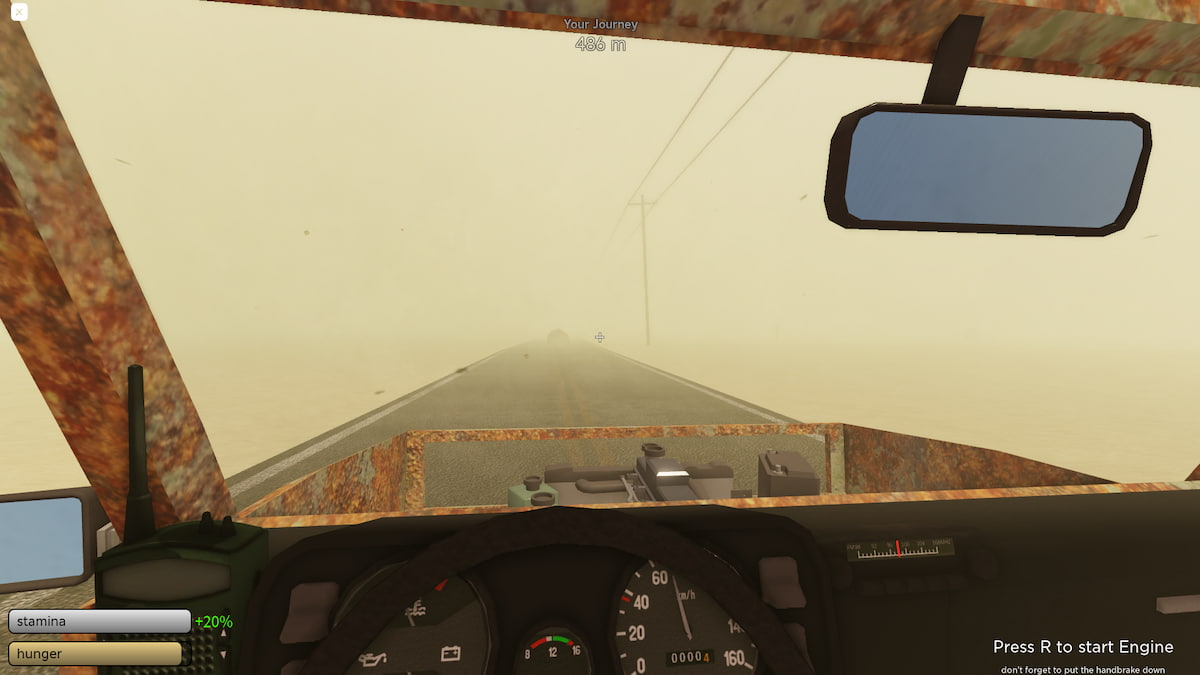 Une image d'un joueur traversant une tempête de sable lors d'un voyage poussiéreux