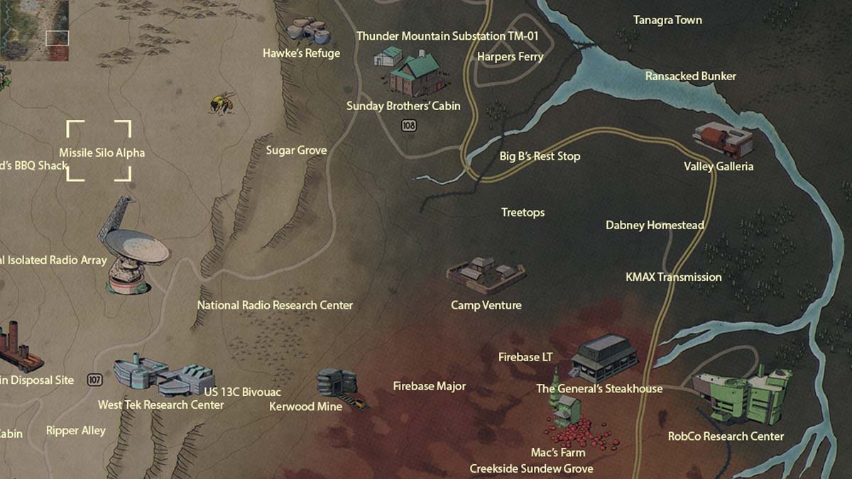 Emplacement sur la carte du site Alpha dans Fallout 76