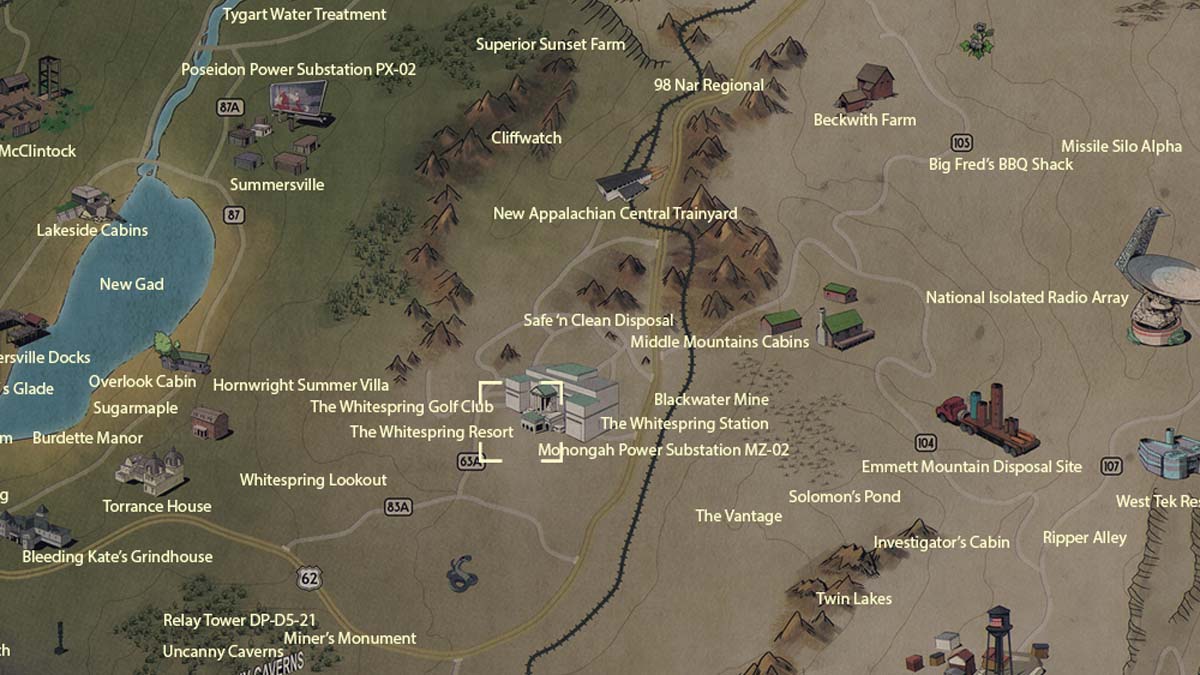 Emplacement sur la carte du bunker et du complexe de Whitespring dans Fallout 76