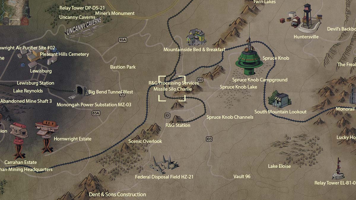 Emplacement de la carte du site Charlie dans Fallout 76