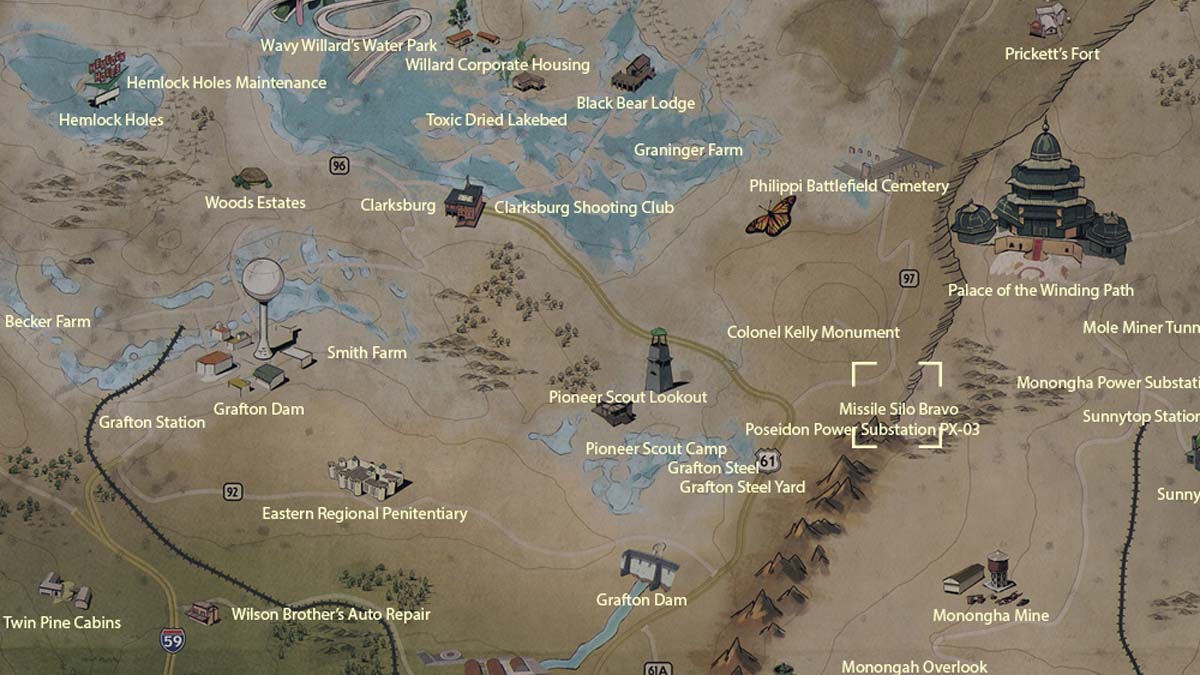 Emplacement sur la carte du site Bravo dans Fallout 76