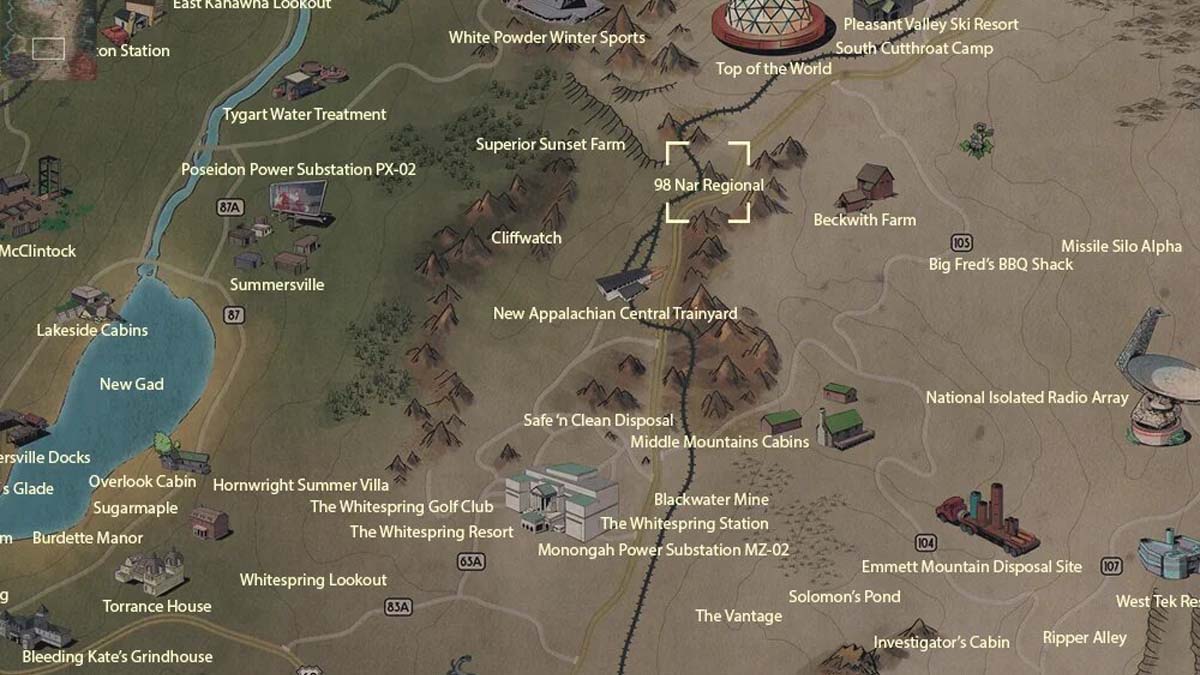 Emplacement de la carte régionale 98 NAR dans Fallout 76