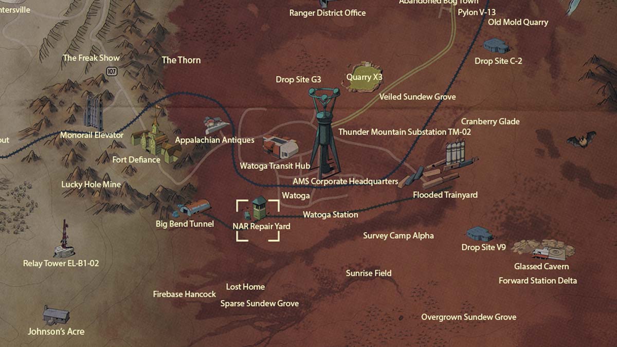 Emplacement sur la carte du chantier de réparation NAR dans Fallout 76