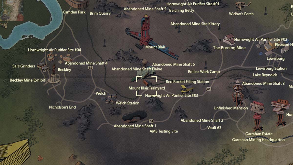 Emplacement sur la carte du chantier ferroviaire du mont Blair dans Fallout 76
