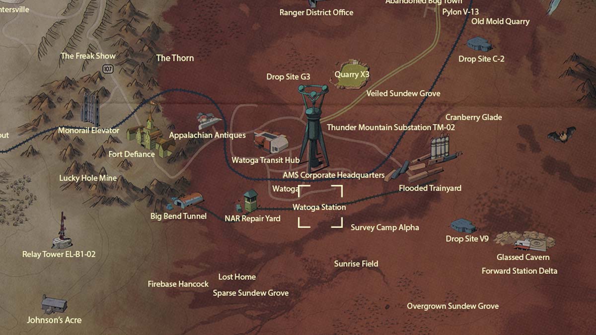 Emplacement sur la carte de la station Watoga dans Fallout 76