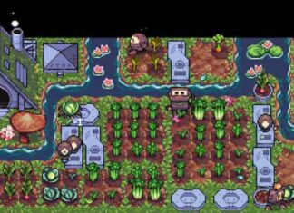 Decorated farm with streams flowing through it, flowers, and crops growing